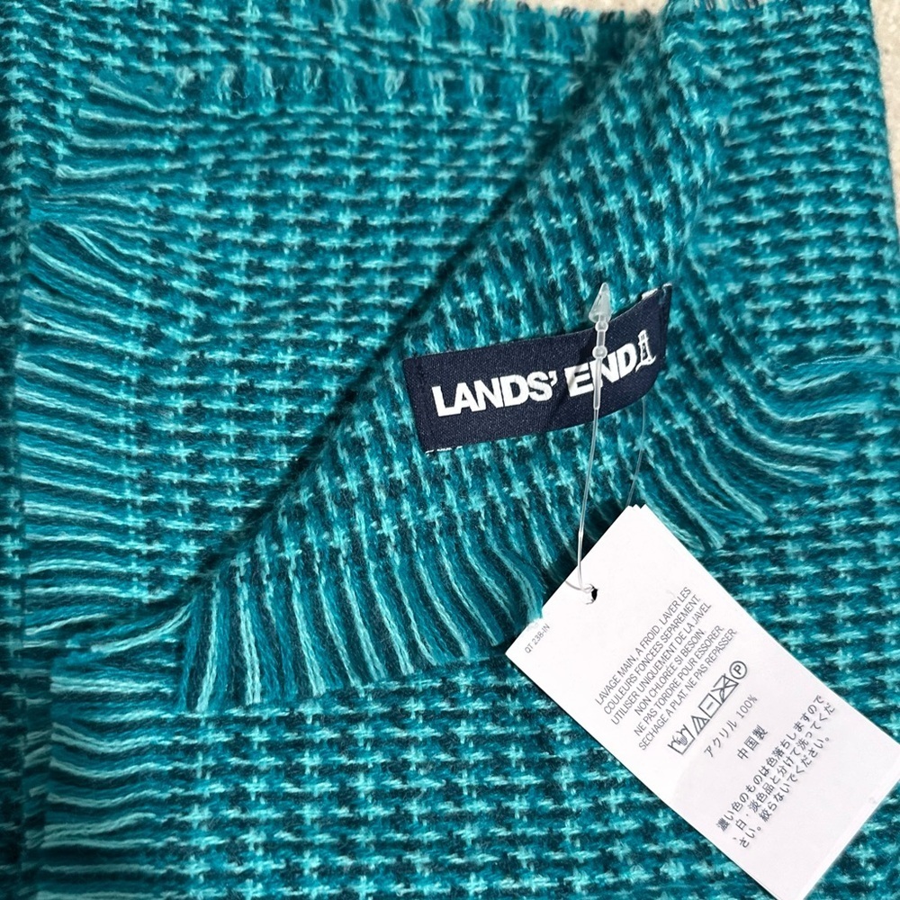Land’s End NWT Teal Aqua Turquoise Checked Woven Scarf. Soft & Lightweight Blue - Picture 4 of 16